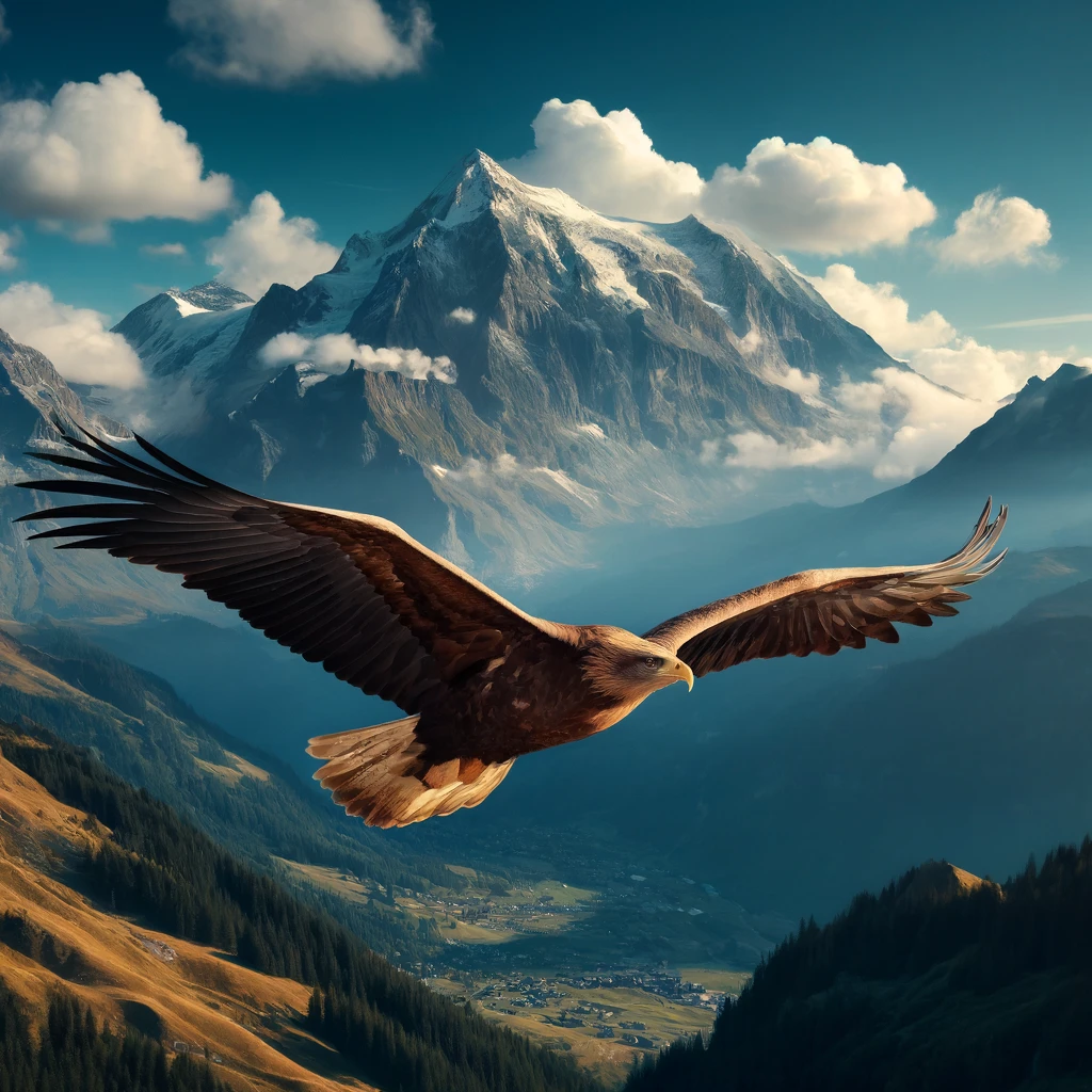 Beispielbild von Chat GPT: Erstelle ein Bild eines majestätischen Adlers, der über einem Berggipfel fliegt, mit einem klaren blauen Himmel im Hintergrund