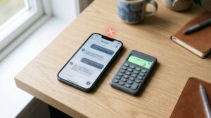 ChatGPT Prozentrechnung Fehler, Smartphone mit KI-Chat neben Taschenrechner