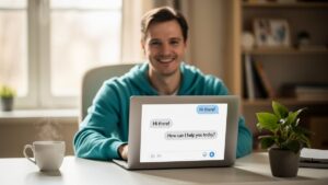 Claude Code für Anfänger: nahbare Person am Laptop mit Chat-Oberfläche statt Terminal