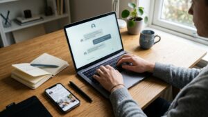 Mit ChatGPT Geld verdienen, Person arbeitet am Laptop mit KI-Chat