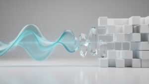 Cyanfarbene Schallwelle geht in geordnete geometrische Bloecke ueber