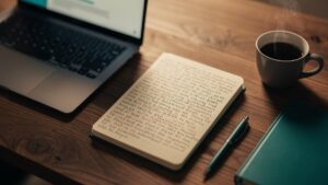 SEO mit ChatGPT: Schreibtisch mit Notizbuch und Laptop bei der Prompt-Arbeit