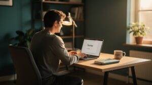 Claude Code: Arbeitsplatz mit Laptop und freiem Stuhl daneben